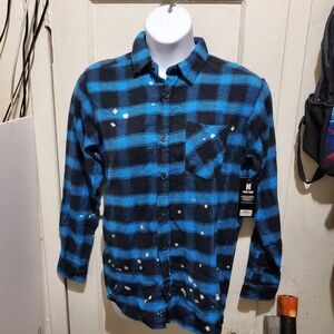 Blue & Black Plaid Button-Up Shirt with Bleach Detail Size M